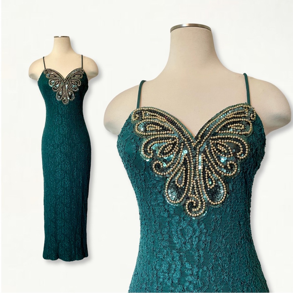 Vintage 1990s Frederick’s of Hollywood Green Lace Sequin + Studded Formal Dress - Picture 1 of 9